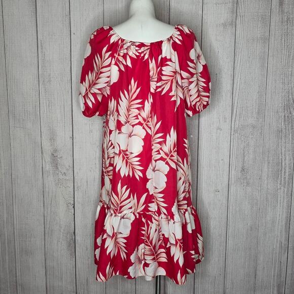 VTG 90s Y2K Hilo Hattie Muumuu Dress XL Red Floral Hawaiian Off Shoulder Aloha - Picture 3 of 6